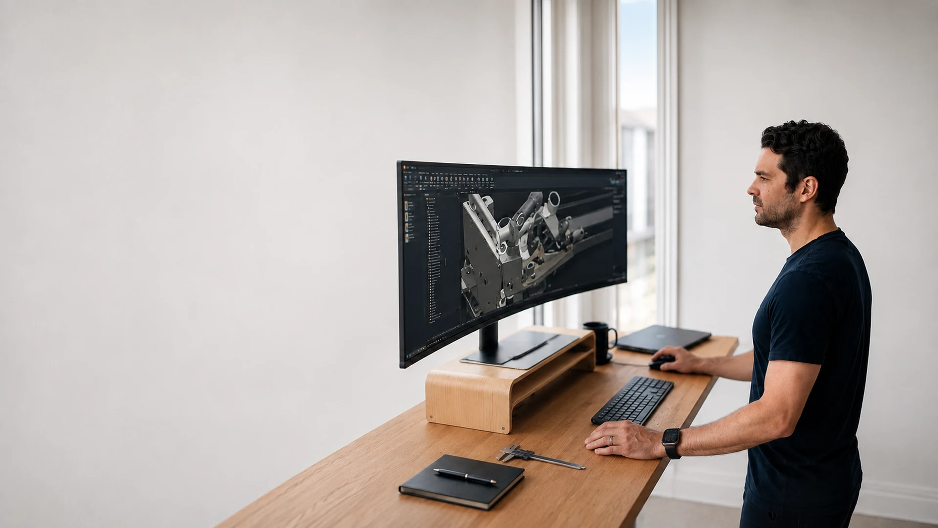 Mechanical engineer working at a standing desk with CAD on a curved monitor